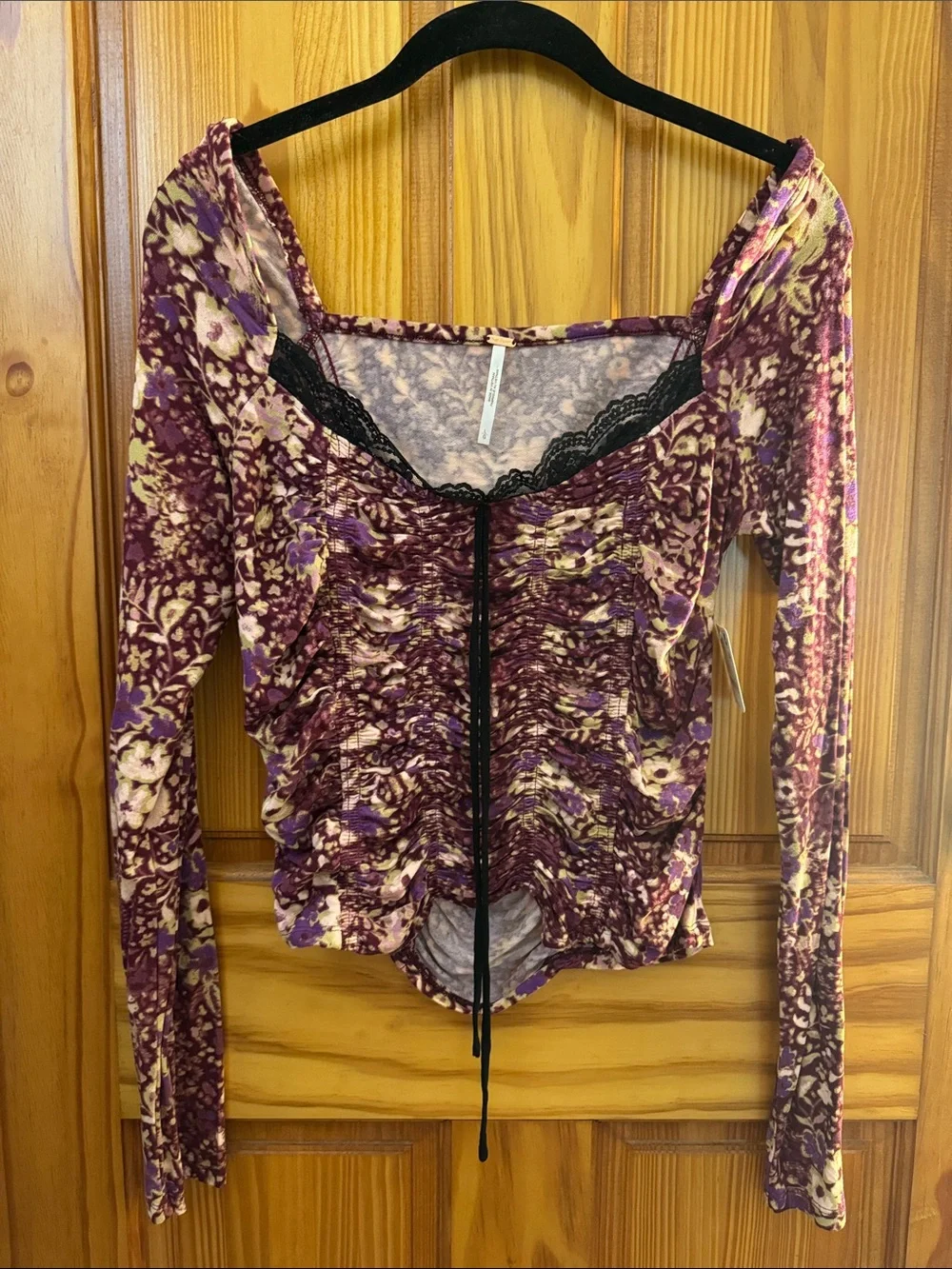 NWT Free People Purple Floral Lace-Trim Long Sleeve Women's Top